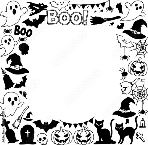 Decorative halloween frame silhouette with ghosts pumpkins bats and witch hats surrounds boo text for festive border design