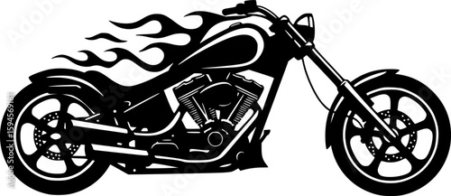 Custom chopper motorcycle silhouette with flame designs and extended front fork creates classic american biker style ride