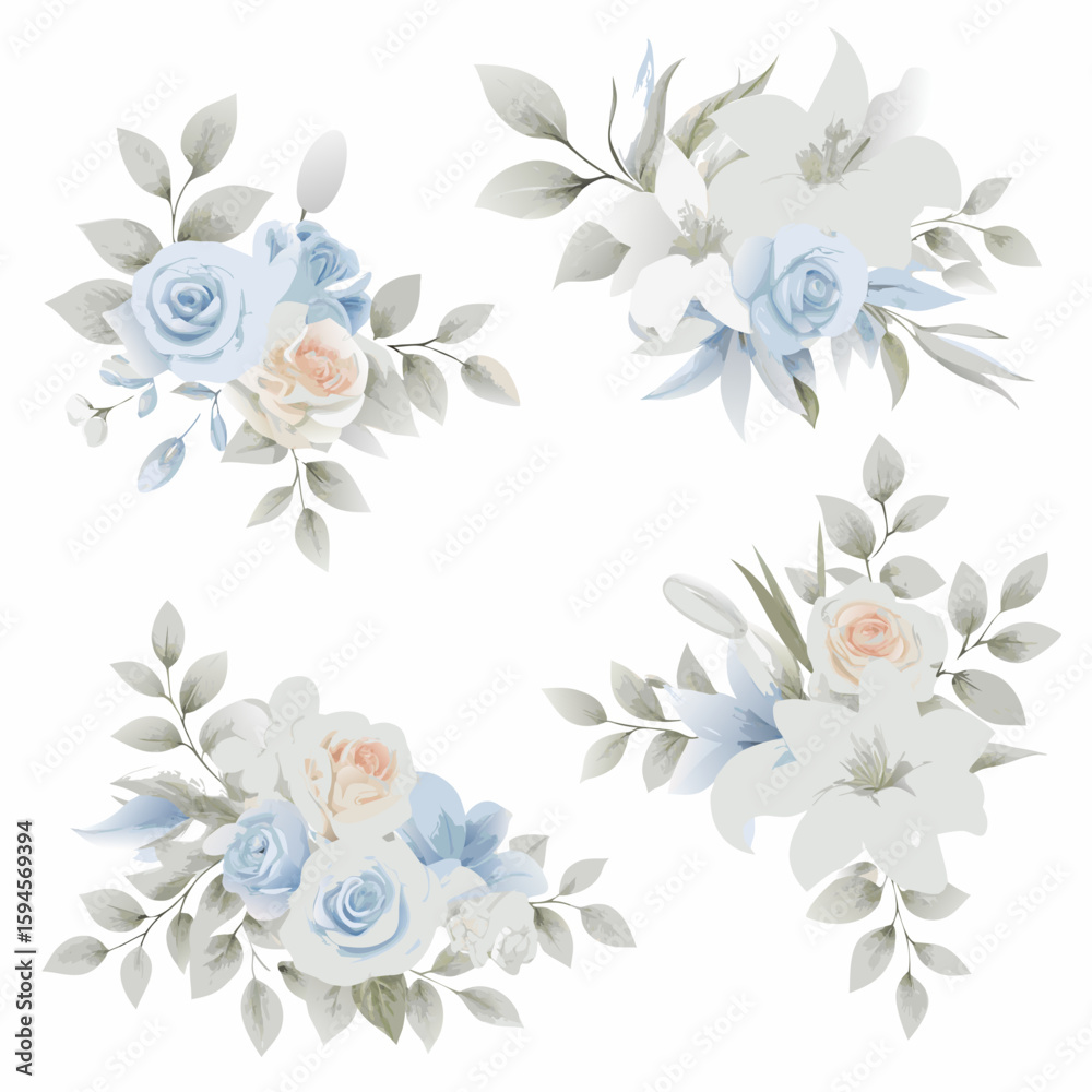 Fototapeta premium Elegant floral arrangements featuring pastel roses and lilies perfect for wedding designs and invitations