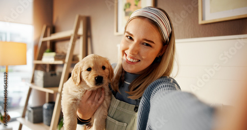 Photography Selfie, smile and puppy with woman in home for social media post, pet influencer and love