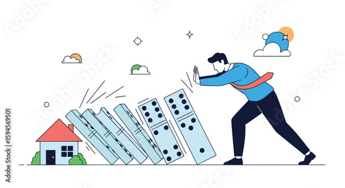 Business owner preventing a financial collapse by stopping falling dominoes threatening a small home illustration