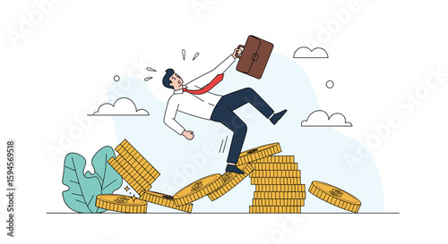 Businessman stumbling and falling down over stacked blocks representing financial crisis and economic downturn impacting careers and businesses