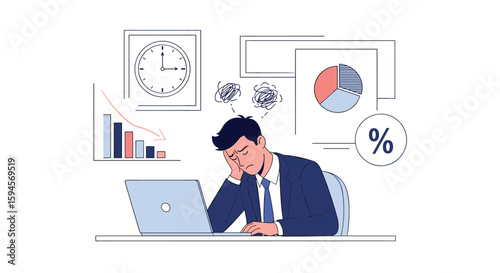 Business professional experiencing stress and exhaustion from overwhelming workload and financial decline