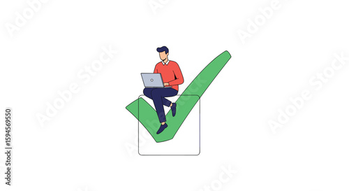 Successful completion of a task with a person working on a laptop on a large green check mark illustrating achievement and progress