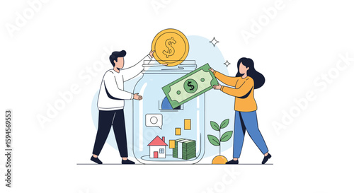 Two people are putting coins and banknotes into a large transparent jar signifying saving money for future goals and financial planning