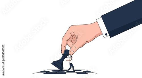 Strategic move of a small person on a chessboard controlled by a giant hand illustration