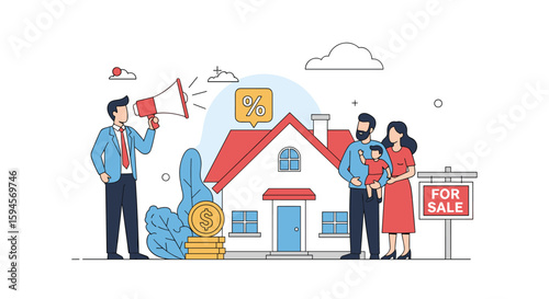 Real estate agent helping a family find their dream home with financial guidance and property sale services