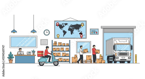 Global shipping logistics and delivery operations with warehouse staff and vehicles