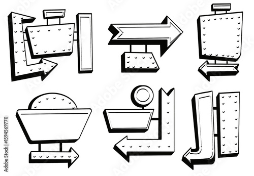 Monochrome retro signage with lights and arrows, outline raster illustration, glowing on black
