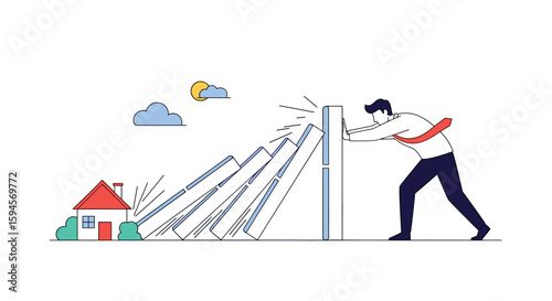 Man pushing to stop domino effect falling towards a house from a tall pole showing importance of preventing disasters