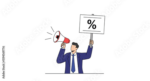 Man with megaphone announcing percentage sign promotion or discount offers for business and marketing concepts