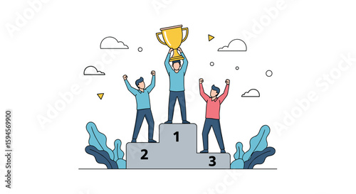 Teamwork leads to victory as champions celebrate with a golden trophy on the winner's podium after a successful competition