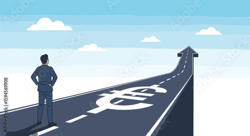 Businessman standing on a road with a euro symbol leading towards the sky symbolizing financial growth and investment opportunities