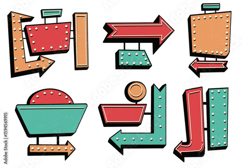 Color retro signage with arrows and lights, raster illustration, bold shapes, dark background
