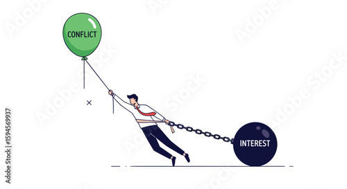 Man tugging against heavy interest weight pulled upward by conflict balloon symbolizing financial struggle