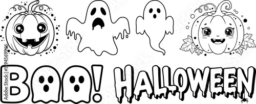 Friendly cartoon ghosts and pumpkins characters with cheerful smiles say boo halloween text outline in adorable spooky celebration greeting design
