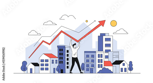 Illustrating economic growth and financial success through upward market trends and cityscape development
