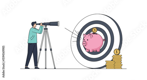 Man using telescope to aim at a piggy bank on a target board with stack of coins representing financial goals and savings strategy
