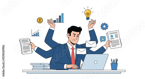 An illustration of a very busy man with multiple arms juggling many tasks and projects at his office desk