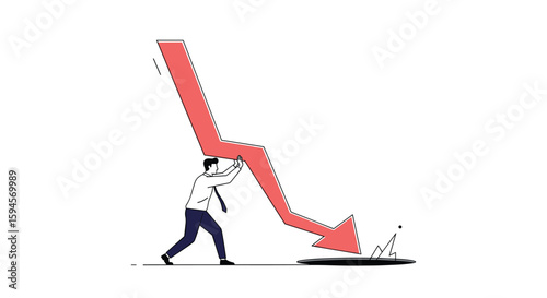 Illustrating economic downturn and financial crisis with a businessman battling a falling downward trend arrow symbolizing market collapse and recession