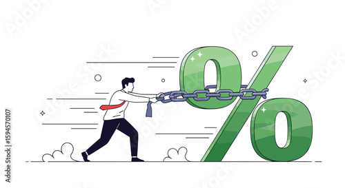 Businessperson breaking chains attached to a large percentage symbol symbolizing debt relief and financial freedom