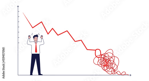 Illustrating the sheer panic of a businessman watching his financial graph plummet downwards towards a chaotic, scribbled mess of failure