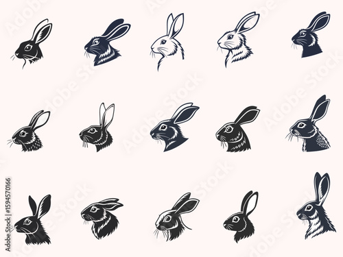 Collection of silhouettes of rabbit heads. Vector illustration. 