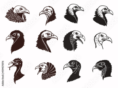 Collection of silhouettes of turkey heads. Vector illustration. 