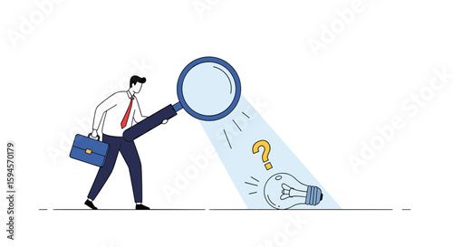 Businessman inspecting mysterious light bulb figure under magnifying glass for solutions