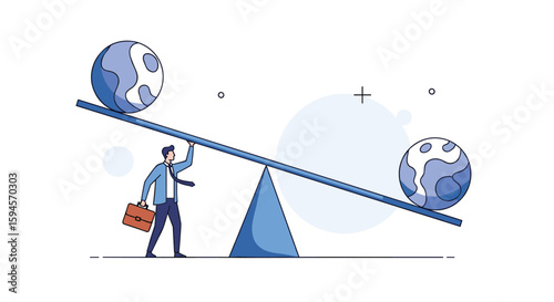 Illustrating the delicate balance between global economy and environmental sustainability on a seesaw