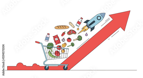 Supermarket shopping cart filled with products launching upwards on a red arrow graph representing business growth and sales increase