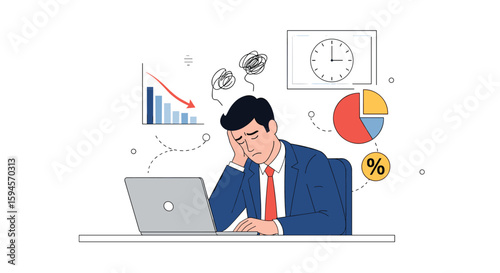 Business executive experiencing stress and anxiety due to financial downturn and workload pressure