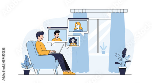 Illustrating a remote team meeting on a laptop with colleagues participating from their own locations via video calls and online communication technologies