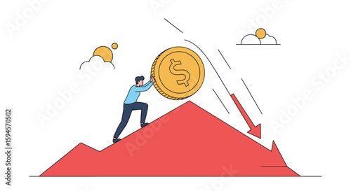 Man pushing giant coin downhill towards financial crisis and economic downturn