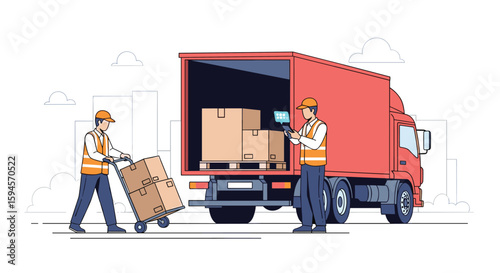 Logistics workers loading boxes onto a truck with a hand truck and scanner for efficient package delivery operations