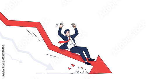 Businessman sliding downward red financial graph with falling momentum and crisis