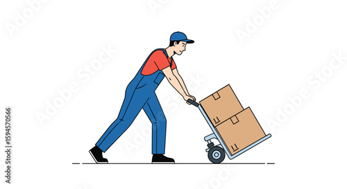 Delivery person pushing a hand truck loaded with cardboard boxes for efficient cargo transport