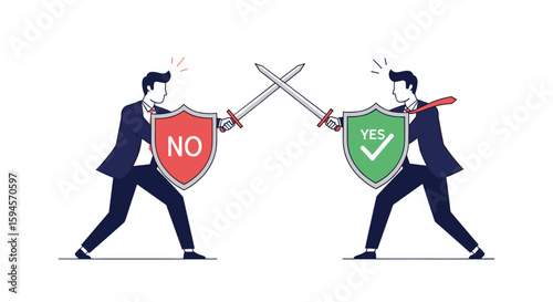 Two businessmen are fighting with swords and shields representing a debate between opposing viewpoints