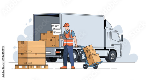 Professional delivery person carefully managing cargo loading and unloading operations next to an open truck