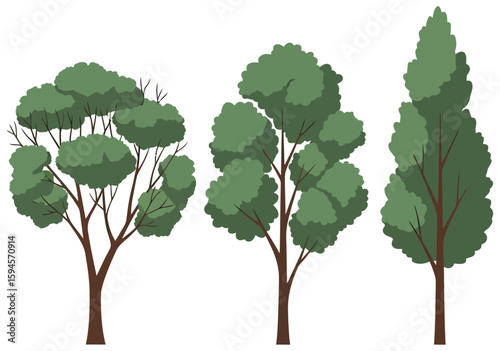Three Stylized Green Trees in Minimalist vector illustration