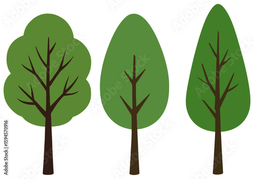 Three Stylized Green Trees in Minimalist vector illustration