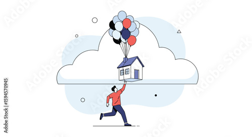 Person chasing a house lifted by balloons towards clouds symbolizing dreams and aspirations