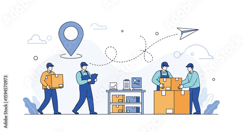 Delivery workers collaborate to pack and transport goods from a warehouse using logistics services and tracking