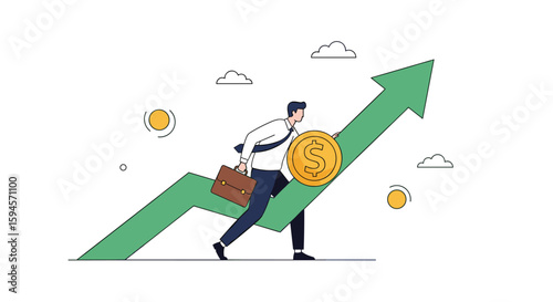 Entrepreneurial journey person climbing upward growth arrow carrying coin for financial success and investment strategy