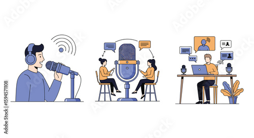 Diverse podcasters recording and broadcasting engaging audio content online