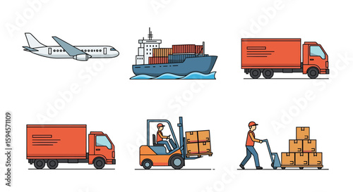 Collection of transportation and logistics vehicles used for shipping and delivery services