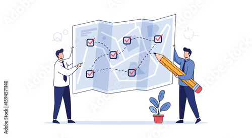 Business professionals planning a strategic roadmap with tasks and checkpoints on a large unfolded map