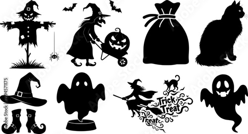 A fun and spooky Halloween bundle featuring witch and pumpkin silhouettes a scarecrow ghosts and a cat for a creative design