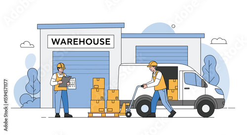 Efficient warehouse operations with workers loading boxes into a delivery truck for distribution and logistics services
