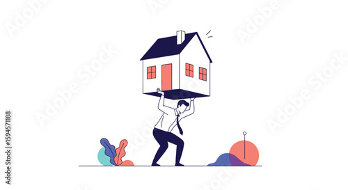 Man carrying heavy house on shoulders symbolizing financial burden and homeownership challenges